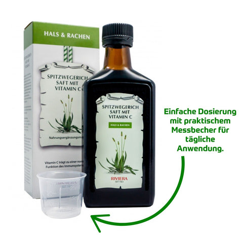 Riviera Spitzwegerich Saft mit Vitamin C 250 ml Glasflasche - einfache Dosierung mit praktischem Messbecher für tägliche Anwendung. Foto Spitzwegerich Glasflasche, Umkarton und Messbecher | Naturpräparate Dieterich