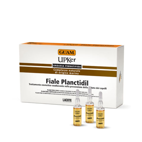 GUAM UPKer Planctidil Ampullen 12 x 7 ml gegen Haarausfall Haarpflege Intensivbehandlung mit Algenextrakt Packung mit drei Glasampullen sichtbar kosmetische Kur zur Vorbeugung von Haarverlust und zur Stärkung der Haarwurzel. Naturpräparate Dieterich
