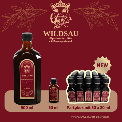 Wildsau Alpenkräuterbitter 20,3 % vol. Den Party-Bitter mit Waldbeerengeschmack by Lydia Kelovitz gibt es nun in drei Größen: 500 ml, 50 ml und die Partybox mit 30 x 20 ml | Naturpräparate Dieterich