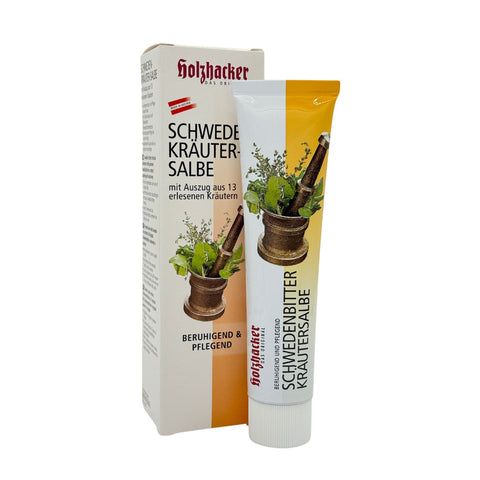 Holzhacker Schwedenkräuter Salbe 75 ml Tube - beruhigend und pflegend. Foto mit Kräutersalbe und Umkarton. | Naturpräparate Dieterich