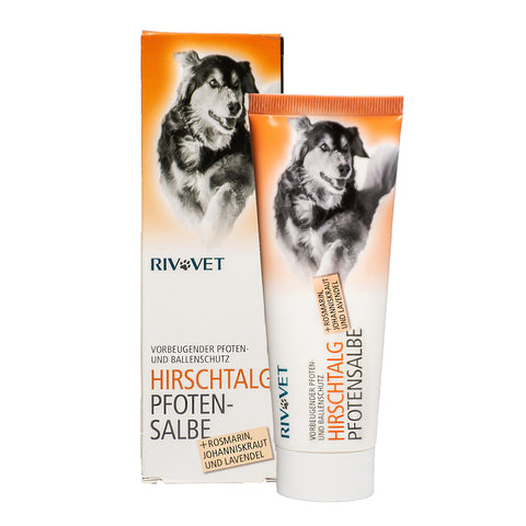 RIVVET Hirschtalg Pfotensalbe in Tube und mit Umkarton, auf beidem ist ein Hund abgebildet. Vorbeugender Pfoten- und Ballenschutz mit Rosmarin, Johanniskraut und Lavendel | Naturpräparate Dieterich