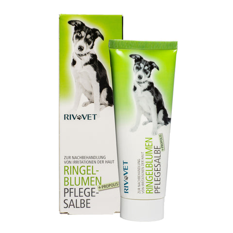 RIVVET Ringelblumen Pflegesalbe  mit Propolis in Tube mit Umkarton - auf beidem ist ein Hund abgebildet. Salbe für Haustiere - Naturpräparate Dieterich