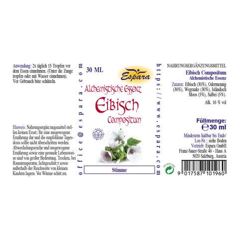 Espara Eibisch Compositum Alchemistische Essenz 30 ml, Rückseite des Etiketts mit Angaben zu Anwendung 2x täglich 15 Tropfen, Hinweis auf Nahrungsergänzungsmittel, Sicherheit, Lagerung und Zutaten Eibisch, Odermennig, Wegrauke, Isländisch Moos, Salbei, 16 % Alkohol, vegan, sowie Kontaktdaten von Espara Salzburg und Barcode; Fokus auf korrekter Einnahme für Hals, Stimme und Atemwege. | Naturpräparate Dieterich