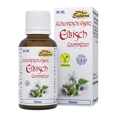 Espara Eibisch Compositum Alchemistische Essenz 30 ml, alchemistische Kräuteressenz für Hals, Stimme und Atemwege mit Destillaten aus Eibisch, Odermennig, Wegrauke, Isländisch Moos und Salbei, 16 % Alkohol, vegan, glutenfrei, lactosefrei, zur Unterstützung bei Reizhusten, Heiserkeit und trockenem Hals; Bild mit brauner Tropfflasche und Faltschachtel mit Eibischblüten und Hinweis Stimme. | Naturpräparate Dieterich