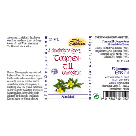 Espara Alchemistische Essenz Tormentill Compositum 30 ml – Produktetikett Rückseite. Nährstoffkonzentrat zur Pflege und Regeneration des Zahnfleischs, mit Myrrhe, Tormentill, Ratanhia, Salbei, Kamille und Ringelblume. Etikett mit Zutaten, Anwendung und Herstelleradresse Espara GmbH, Salzburg, Österreich. Hochwertige Kräuterdestillate mit 16 % Alkoholanteil, vegan. | Naturpräparate Dieterich
