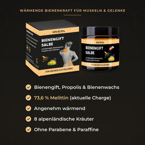 Riviera Bienengiftsalbe 100 ml – Vorteile im Überblick: Bienengift, Propolis und Bienenwachs, 73,6 % Melittin, angenehm wärmend, 8 alpenländische Kräuter, ohne Parabene und Paraffine | Naturpräparate Dieterich