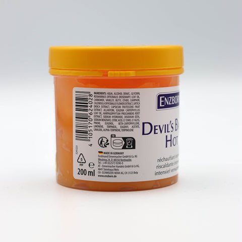 nzborn Teufelssalbe Heiß 200 ml Dose Rückseite mit Inhaltsstoffen und Herstellerangaben auf weißem Hintergrund, orangefarbene wärmende Pflegecreme für Muskeln und Gelenke mit Kampfer, Calendula und Capsicum zur Förderung der Durchblutung, hergestellt in Deutschland von Enzborn, hochwertige Rezeptur zur intensiven Wärmewirkung bei Muskelverspannungen und Rückenschmerzen. Naturpräparate Dieterich