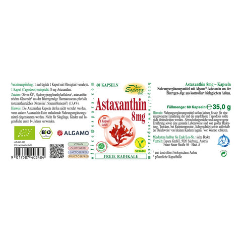 Etikett der Espara Astaxanthin 8 mg BIO Kapseln mit Inhaltsstoffen und Verzehrempfehlung | Naturpräparate Dieterich