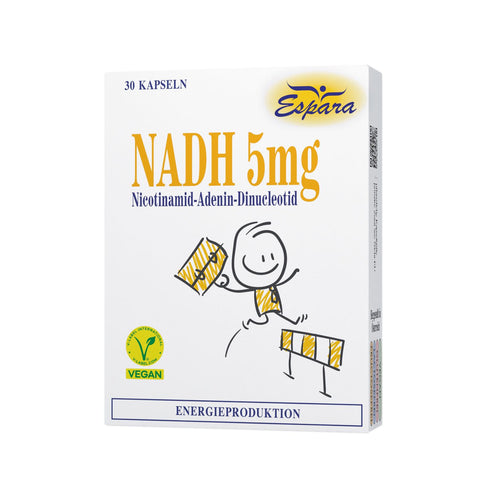 Espara NADH 5mg Kapseln 30 Stück Nahrungsergänzungsmittel zur Unterstützung der Energieproduktion mit Nicotinamid Adenin Dinucleotid vegan glutenfrei lactosefrei fructosefrei hochwertige Originalverpackung Vorderseite. Naturpräparate Dieterich