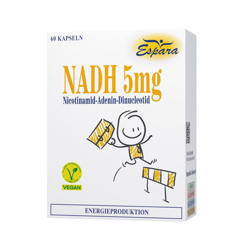 Espara NADH 5mg Kapseln 60 Stück Nahrungsergänzungsmittel für Energie und Vitalität mit Nicotinamid Adenin Dinucleotid vegan glutenfrei lactosefrei fructosefrei Verpackung Abbildung Produktfoto. Naturpräparate Dieterich