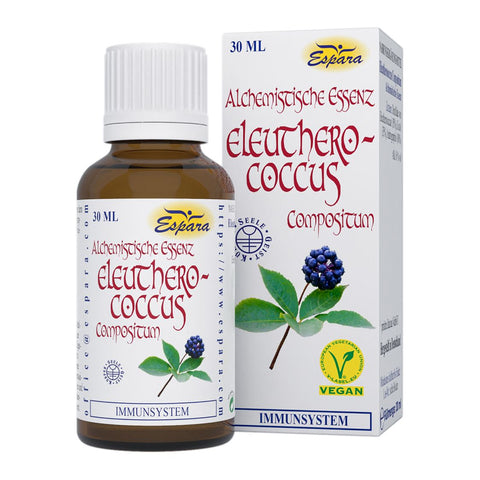 Espara Eleutherococcus Compositum Alchemistische Essenz 30 ml nach Paracelsus, vegane Kräuteressenz in brauner Tropfflasche mit Faltschachtel und Eleutherococcus Beerenmotiv, Destillate aus Eleutherococcus, Cistus und Andrographis mit 16 Prozent Alkohol zur begleitenden Unterstützung von Immunsystem, Abwehrkräften und Vitalität im Alltag, Nahrungsergänzung für Erwachsene im deutschsprachigen Raum. | Naturpräparate Dieterich