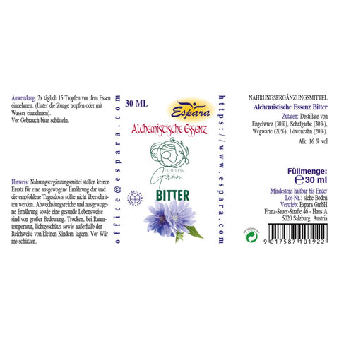 Espara Fräulein Grün BITTER Alchemistische Essenz 30 ml, Rückseitenansicht mit Zutaten und Anwendung, Destillate von Engelwurz 30 %, Schafgarbe 30 %, Wegwarte 20 %, Löwenzahn 20 %, Alkohol 16 % Vol., Einnahme 2 x täglich 15 Tropfen vor dem Essen, Nahrungsergänzungsmittel zur Unterstützung von Verdauung, Stoffwechsel und Leber Galle Funktion. | Naturpräparate Dieteric