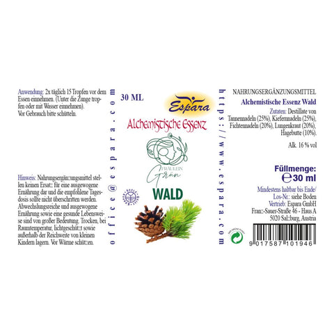 Espara Gänseblümchen Alchemistische Essenz 30 ml, Rückseite des Etiketts mit Angaben zu Anwendung 2x täglich 15 Tropfen vor dem Essen, Inhalt 100 Prozent Gänseblümchen Destillat, 16 Prozent Alkohol, basierend auf Verfahren nach Paracelsus, vegan, glutenfrei, lactosefrei, inklusive Pflichttext zu Nahrungsergänzung, Lagerung und Herstelleradresse, geeignet zur ergänzenden Unterstützung von Haut und Bindegewebe. | Naturpräparate Dieterich