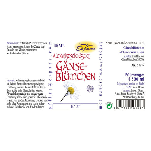Espara Gänseblümchen Alchemistische Essenz 30 ml, Rückseite des Etiketts mit Angaben zu Anwendung 2x täglich 15 Tropfen vor dem Essen, Inhalt 100 Prozent Gänseblümchen Destillat, 16 Prozent Alkohol, vegan, glutenfrei, lactosefrei, inklusive Pflichttext zu Nahrungsergänzung, Lagerung und Herstelleradresse, geeignet zur ergänzenden Unterstützung von Haut und Bindegewebe. | Naturpräparate Dieterich