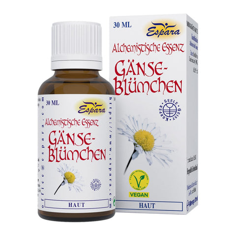 Espara Gänseblümchen Alchemistische Essenz 30 ml, vegane Kräuteressenz mit 100 Prozent Gänseblümchen Destillat und 16 Prozent Alkohol zur begleitenden Unterstützung von Hautbild, Bindegewebe, Narbenpflege und Stoffwechsel, braune Tropfflasche mit Faltschachtel und Gänseblümchen Motiv für Anwender im deutschsprachigen Raum. | Naturpräparate Dieterich