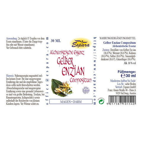 Espara Gelber Enzian Compositum Alchemistische Essenz 30 ml, Rücketikett mit Anwendung 2x täglich 15 Tropfen vor dem Essen, Inhaltsstoffen Gelber Enzian, Wermut, Kalmus, Salbei, Tausendgüldenkraut, Gänsefingerkraut, 16 % Alkohol, vegan, glutenfrei, lactosefrei; Nahrungsergänzung zur ergänzenden Unterstützung von Magen Darm Funktion und Verdauungskomfort. | Naturpräparate Dieterich
