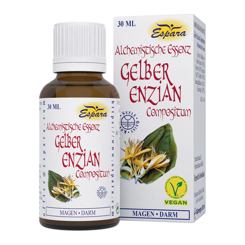 Espara Gelber Enzian Compositum Alchemistische Essenz 30 ml, vegane Bitterkräuter-Essenz mit Destillaten aus Gelbem Enzian, Wermut, Kalmus, Salbei, Tausendgüldenkraut und Gänsefingerkraut, 16 % Alkohol, zur begleitenden Unterstützung von Magen Darm Verdauung, Appetit und Völlegefühl; braune Tropfflasche mit Faltschachtel und Enzianmotiv. | Naturpräparate Dieterich