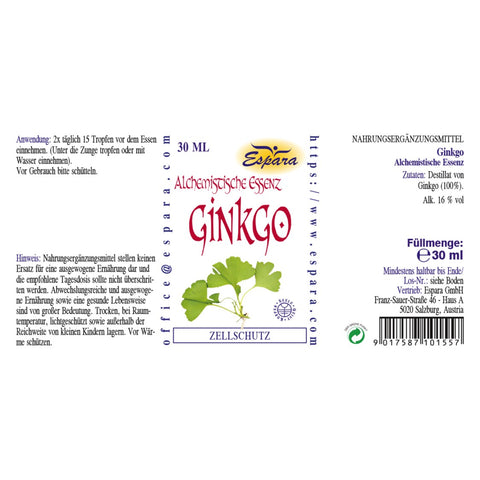 Espara Ginkgo Alchemistische Essenz 30 ml; Ginkgo Destillat 100 % mit 16 % Vol. Alkohol, empfohlene Einnahme 2 x täglich 15 Tropfen vor dem Essen, Anwendung unter der Zunge oder mit Wasser, Nahrungsergänzungsmittel zur Unterstützung von Gehirnfunktion, Herz, Kreislauf und Wohlbefinden im Alter, Hinweise zu Lagerung und Dosierung auf Verpackung dargestellt. | Naturpräparate Dieterich