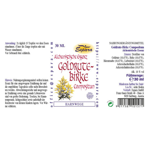 Espara Goldrute Birke Compositum Alchemistische Essenz 30 ml, Rückseitenansicht mit Anwendung und Zutaten, Destillate von Goldrute 16,67 %, Birke 16,67 %, Bärentraube 16,67 %, Liebstöckel 16,67 %, Ackerschachtelhalm 16,67 %, Ackerstiefmütterchen 16,67 %, Alkohol 16 % Vol., Anwendung 2 x täglich 15 Tropfen vor dem Essen, Nahrungsergänzungsmittel zur Unterstützung der Harnwege. | Naturpräparate Dieterich