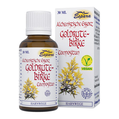 Espara Goldrute Birke Compositum Alchemistische Essenz 30 ml, Flasche und Verpackung mit Destillaten von Goldrute 16,67 %, Birke 16,67 %, Bärentraube 16,67 %, Liebstöckel 16,67 %, Ackerschachtelhalm 16,67 %, Ackerstiefmütterchen 16,67 %, Alkohol 16 % Vol., Nahrungsergänzungsmittel zur Unterstützung der Harnwege und des Stoffwechsels, Tropfen zur Einnahme unter der Zunge oder mit Wasser, 2 x täglich 15 Tropfen vor dem Essen. | Naturpräparate Dieterich