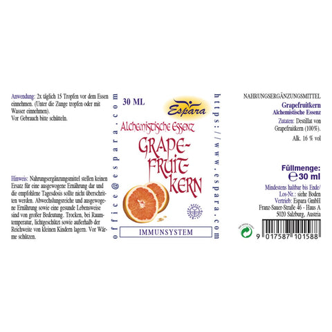 Espara Grapefruitkern Alchemistische Essenz 30 ml nach Paracelsus, Nahrungsergänzungsmittel, Anwendung 2 x täglich 15 Tropfen vor dem Essen, unter die Zunge oder mit Wasser, Zutaten Destillat von Grapefruitkern 100 %, Alkohol 16 % Vol., zur Unterstützung von Abwehrkräften, Atemwegen sowie Magen und Darm, Hinweise zur Lagerung und Tagesdosis auf Verpackung. | Naturpräparate Dieterich