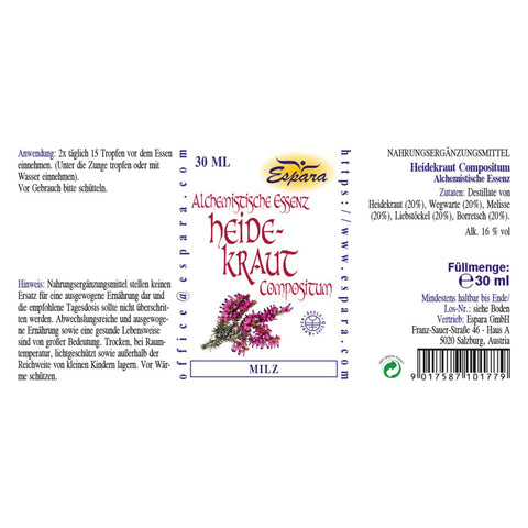 Espara Heidekraut Compositum Alchemistische Essenz 30 ml, Rücketikett mit Angaben zu Anwendung 2x täglich 15 Tropfen vor dem Essen, Wirkstoffmix aus Heidekraut, Wegwarte, Melisse, Liebstöckel, Borretsch und 16 % Alkohol, Nahrungsergänzung zur ergänzenden Versorgung von Abwehrkräften, Stoffwechsel und Milzbereich, inklusive Pflichthinweisen und Herstellerangaben. | Naturpräparate Dieterich