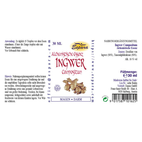 Espara Ingwer Compositum Alchemistische Essenz 30 ml, Destillate von Ingwer 50 % und Tausendgüldenkraut 50 %, 16 % Vol. Alkohol, empfohlene Einnahme 2 x täglich 15 Tropfen vor dem Essen, Anwendung unter der Zunge oder mit Wasser, Nahrungsergänzungsmittel zur Unterstützung von Magen, Darm und Stoffwechsel mit pflanzlicher Rezeptur. | Naturpräparate Dieterich
