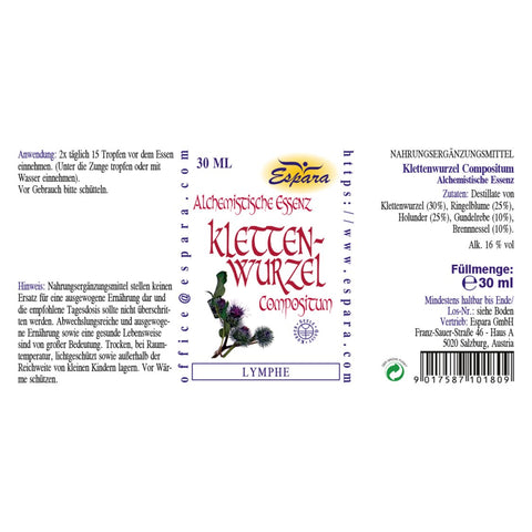 Espara Klettenwurzel Compositum Alchemistische Essenz 30 ml, Rückseitenansicht mit Anwendung und Zutaten, Destillate von Klettenwurzel 30 %, Ringelblume 25 %, Holunder 25 %, Gundelrebe 10 %, Brennnessel 10 %, Alkohol 16 % Vol., Anwendung 2 x täglich 15 Tropfen vor dem Essen, Nahrungsergänzungsmittel zur Unterstützung von Abwehrkräften, Herz, Kreislauf und Stoffwechsel. | Naturpräparate Dieterich