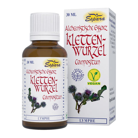 Espara Klettenwurzel Compositum Alchemistische Essenz 30 ml, Flasche und Verpackung mit Destillaten von Klettenwurzel 30 %, Ringelblume 25 %, Holunder 25 %, Gundelrebe 10 %, Brennnessel 10 %, Alkohol 16 % Vol., Nahrungsergänzungsmittel zur Unterstützung von Abwehrkräften, Herz, Kreislauf, Blutgefäßen und Stoffwechsel, Tropfen zur Einnahme unter der Zunge oder mit Wasser, 2 x täglich 15 Tropfen vor dem Essen. | Naturpräparate Dieterich