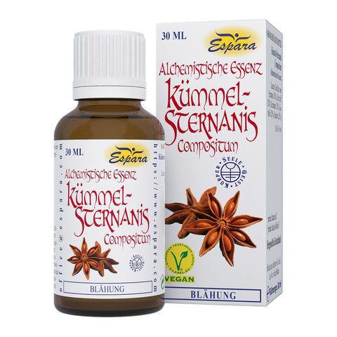 Espara Kümmel-Sternanis Compositum Alchemistische Essenz 30 ml, braune Tropfflasche mit Faltschachtel, vegane alkoholische Kräuteressenz aus Destillaten von Sternanis, Kümmel, Koriander, Kamille und Karotte zur begleitenden Unterstützung von Magen Darm Verdauung, Blähungen und Völlegefühl im deutschsprachigen Raum. | Naturpräparate Dieterich
