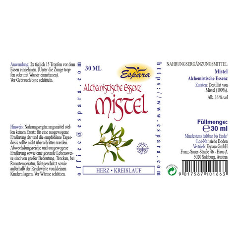 Espara Mistel Alchemistische Essenz 30 ml nach Paracelsus, Rückseitenansicht mit Anwendung und Zutaten, Destillat von Mistel 100 %, Alkohol 16 % Vol., Anwendung 2 x täglich 15 Tropfen vor dem Essen, unter die Zunge oder mit Wasser, Nahrungsergänzungsmittel zur Unterstützung von Herz, Kreislauf und Blutgefäßen sowie Stoffwechsel, Hinweise zu Tagesdosis und Lagerung auf Verpackung. | Naturpräparate Dieterich