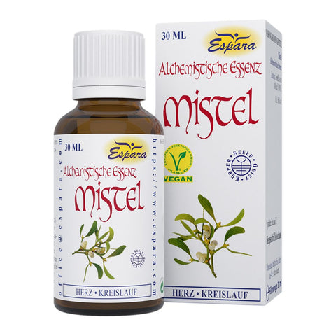 Espara Mistel Alchemistische Essenz 30 ml nach Paracelsus, Flasche und Verpackung, Nahrungsergänzungsmittel mit Destillat von Mistel 100 %, Alkohol 16 % Vol., zur Unterstützung von Herz, Kreislauf und Blutgefäßen sowie Stoffwechsel, Tropfen zur Einnahme unter der Zunge oder mit Wasser, empfohlene Einnahme 2 x täglich 15 Tropfen vor dem Essen, vegan. | Naturpräparate Dieterich