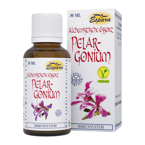 Espara Pelargonium Alchemistische Essenz 30 ml, vegane Kräuteressenz mit 100 Prozent Destillat von Pelargonium sidoides und 16 Prozent Alkohol, Nahrungsergänzung zur begleitenden Unterstützung von Immunsystem und Atemwegen in der kalten Jahreszeit, braune Tropfflasche mit Faltschachtel und Pelargoniumblüte für Anwender im deutschsprachigen Raum. | Naturpräparate Dieterich