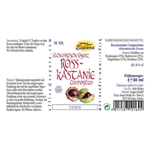 Espara Rosskastanie Compositum Alchemistische Essenz 30 ml, Rücketikett mit Angaben zu Anwendung 2x täglich 15 Tropfen, Destillaten aus Rosskastanie, Buchweizen, Ringelblume und Haselnuss, 16 % Alkohol, vegan, glutenfrei, lactosefrei; Nahrungsergänzung zur begleitenden Unterstützung von Venen, Beinwohlbefinden und venösem Kreislauf im Alltag. | Naturpräparate Dieterich