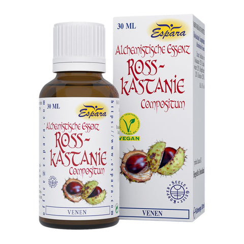 Espara Rosskastanie Compositum Alchemistische Essenz 30 ml, braune Tropfflasche mit Faltschachtel, Motiv der Rosskastanienschale, vegane alchemistische Kräuteressenz mit Destillaten aus Rosskastanie, Buchweizen, Ringelblume und Haselnuss, 16 % Alkohol, zur ergänzenden Unterstützung von Venen, schweren Beinen, Durchblutung und Mikrozirkulation. | Naturpräparate Dieterich