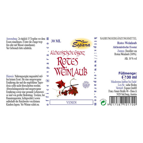 Espara Rotes Weinlaub Alchemistische Essenz 30 ml, Rückenetikett mit Angaben zu Anwendung 2x täglich 15 Tropfen vor dem Essen, Inhalt 100 Prozent Destillat von rotem Weinlaub, 16 Prozent Alkohol, vegan, glutenfrei, lactosefrei, inklusive Pflichttext zu Nahrungsergänzung, Lagerung und Herstelleradresse, geeignet als pflanzliche Ergänzung für Venen, Beinbeschwerden und Kreislauf. | Naturpräparate Dieterich