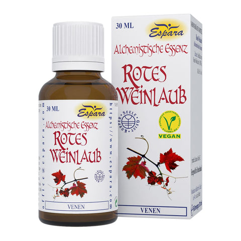 Espara Rotes Weinlaub Alchemistische Essenz 30 ml, vegane alkoholische Tropfen mit 100 Prozent Destillat aus rotem Weinlaub, 16 Prozent Alkohol, Nahrungsergänzung zur begleitenden Unterstützung von Venen, Beinwohlbefinden, Herz Kreislauf und Blutgefäßen, braune Tropfflasche mit Faltschachtel und Weinlaubmotiv für Anwender in Deutschland und Österreich. | Naturpräparate Dieterich