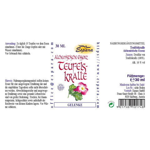 Espara Teufelskralle Alchemistische Essenz 30 ml, Destillat von Teufelskralle 100 %, 16 % Vol. Alkohol, empfohlene Einnahme 2 x täglich 15 Tropfen vor dem Essen, Anwendung unter der Zunge oder mit Wasser, Nahrungsergänzungsmittel zur Unterstützung von Bewegungsapparat sowie Magen und Darm, Angaben zu Zutaten und Anwendung auf Verpackung. | Naturpräparate Dieterich