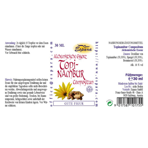 Espara Topinambur Compositum Alchemistische Essenz 30 ml nach Paracelsus, Rückseitenansicht mit Anwendung und Zutaten, Destillate aus Topinambur und Bitterpflanzen, Alkohol 16 % Vol., Anwendung 2 x täglich 15 Tropfen vor dem Essen, unter die Zunge oder mit Wasser, Nahrungsergänzungsmittel zur Unterstützung von Stoffwechsel und Verdauungsfunktion. | Naturpräparate Dieterich