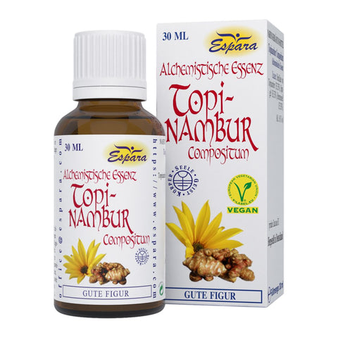 Espara Topinambur Compositum Alchemistische Essenz 30 ml nach Paracelsus, Flasche und Verpackung mit Destillaten von Topinambur, Gartenbohne, Wegwarte, Beifuß, Bittermelone und Löwenzahn, Alkohol 16 % Vol., Nahrungsergänzungsmittel zur Unterstützung von Stoffwechsel, Verdauung und Blutzuckerbalance, Tropfen zur Einnahme unter der Zunge oder mit Wasser, empfohlene Einnahme 2 x täglich 15 Tropfen vor dem Essen. | Naturpräparate Dieterich