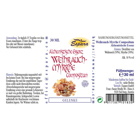 Espara Weihrauch-Myrrhe Compositum Alchemistische Essenz 30 ml nach Paracelsus, Rücketikett mit Anwendung 2x täglich 15 Tropfen vor dem Essen, Inhaltsangabe Destillate von Weihrauch 50 % und Myrrhe 50 %, 16 % Alkohol, vegan, glutenfrei, lactosefrei, inklusive Pflichttext zu Nahrungsergänzung, Lagerung und Herstelleradresse, Produkt zur ergänzenden Unterstützung von Gelenken und Bewegungsapparat. | Naturpräparate Dieterich