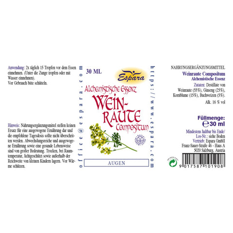 Espara Weinraute Compositum Alchemistische Essenz 30 ml, Rückseite des Etiketts mit Angaben zu Anwendung 2x täglich 15 Tropfen, Zutaten Weinraute, Ginseng, Kornblume, Buchweizen, 16 % Alkohol sowie Lager und Sicherheitshinweisen; Nahrungsergänzung zur ergänzenden Versorgung der Augen und Mikrogefäße für Anwender in Deutschland und Österreich. | Naturpräparate Dieterich