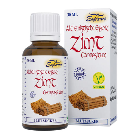 Espara Zimt Compositum Alchemistische Essenz 30 ml nach Paracelsus, Flasche und Verpackung mit Zimt, Gartenbohne, Wegwarte, Beifuß, Bittermelone und Löwenzahn, Destillate 25 %, 25 %, 20 %, 20 %, 5 %, 5 %, Alkohol 16 % Vol., Nahrungsergänzungsmittel zur Unterstützung von Herz, Kreislauf und Blutgefäßen, Tropfen zur Einnahme unter der Zunge oder mit Wasser, 2 x täglich 15 Tropfen vor dem Essen. | Naturpräparate Dieterich