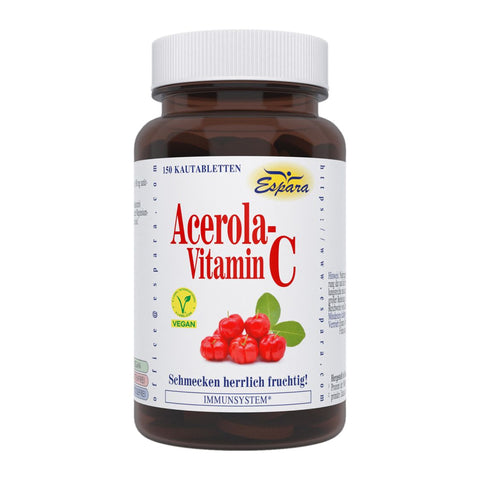 Espara Acerola Vitamin C Kautabletten 150 Stück braune Kunststoffdose mit weißem Etikett veganes natürliches Vitamin C aus Acerola fruchtiger Kirschgeschmack rote Schrift Acerolakirschen Abbildung klares hochwertiges Produktfoto zur Unterstützung des Immunsystems |Naturpräparate Dieterich