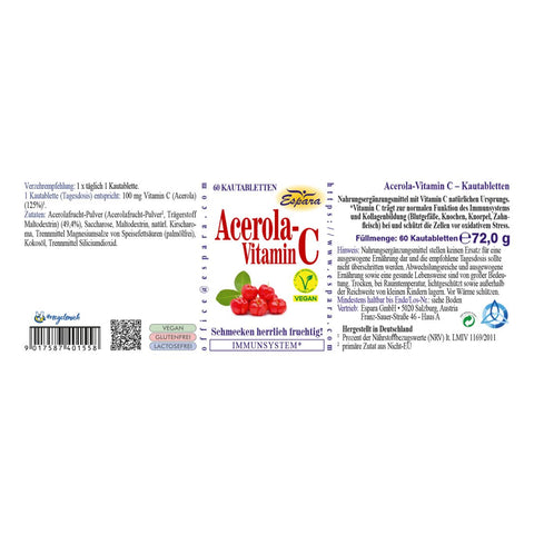 Espara Acerola Vitamin C Kautabletten 60 Stück Rückseite zeigt vollständiges Etikett mit Zutatenliste Verzehrempfehlung Nährwertangaben vegan glutenfrei laktosefrei natürliches Vitamin C aus Acerolafrucht fruchtiger Kirschgeschmack Unterstützung des Immunsystems weißes Etikett mit roten Schriftzügen und Acerolakirschen Abbildung |Naturpräparate Dieterich