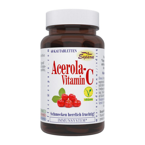 Espara Acerola Vitamin C Kautabletten 60 Stück braune Dose mit weißem Etikett vegane glutenfreie laktosefreie Vitamin C Nahrungsergänzung mit natürlicher Acerola fruchtiger Geschmack rote Schrift Acerolakirschen Abbildung klares Produktfoto zur Unterstützung des Immunsystems | Naturpräparate Dieterich
