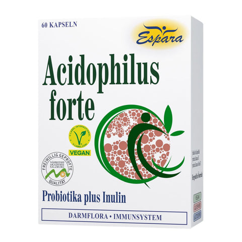 Espara Acidophilus forte 60 Kapseln weiße Verpackung mit grünem Schriftzug Probiotika plus Inulin veganes Präparat zur Unterstützung von Darmflora und Immunsystem mit grünem Darmflora Symbol | Naturpräparate Dieterich