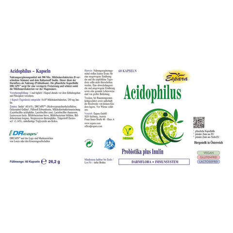 Espara Acidophilus 60 Kapseln Rückseite des Etiketts mit Zutatenliste Verzehrempfehlung probiotischen Milchsäurebakterien Inulin pflanzliche DRcaps Kapselhülle vegan glutenfrei laktosefrei | Naturpräparate Dieterich