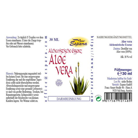 Espara Alchemistische Essenz Aloe Vera 30 ml Rückseite Etikett mit Anwendung Zutaten Destillat aus Aloe Vera 100 Prozent Hinweistext vegan weißes Layout mit Pflanzenabbildung | Naturpräparate Dieterich