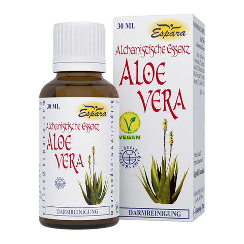 Espara Alchemistische Essenz Aloe Vera 30 ml braune Glasflasche mit weißem Etikett und passender Faltschachtel vegane Aloe Vera Essenz zur Darmreinigung natürliche Pflanzenabbildung auf weißem Hintergrund | Naturpräparate Dieterich